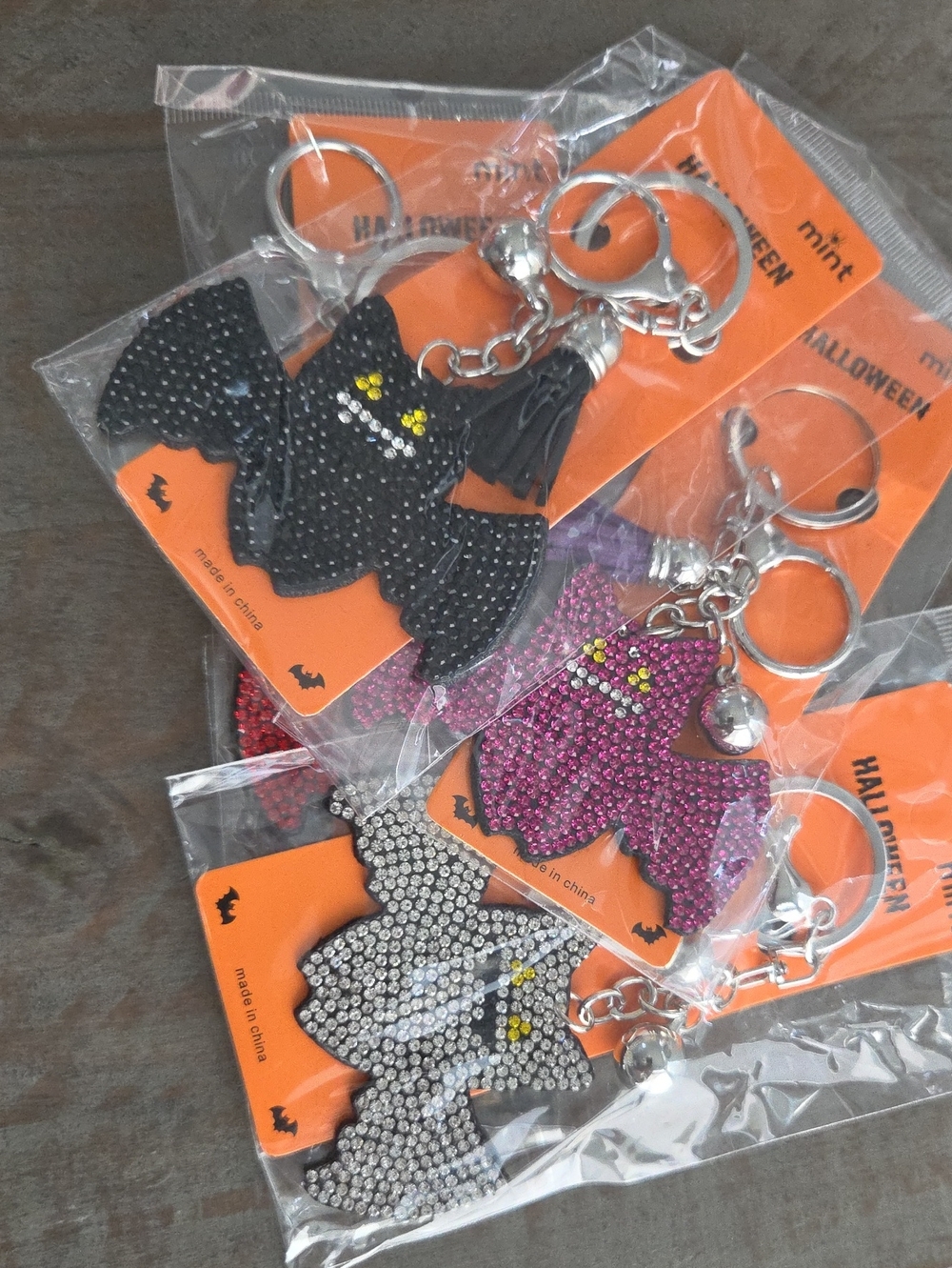 Halloween Rhinestone Bat Keychain - Black, Purple, Silver,  Red